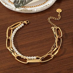 Настоящее золото 18K 304 из нержавеющей стали браслеты многожильных, Браслеты из овальных звеньев цепи для женщин, с пластиковой имитационной жемчужиной, реальный 18 k позолоченный, 7-1/2 дюйм (19 см)
