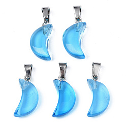 Deep Sky Blue Transparent Spray Painted Glass Pendants, with Platinum Plated Brass Bails, Moon Charms, Deep Sky Blue, 21.5x10.5x6mm, Hole: 4mm