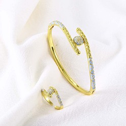 Небесно-голубой Комплекты из плоских круглых латунных эмалевых браслетов и колец для женщин, золотые, голубой, 60 мм и 18 мм