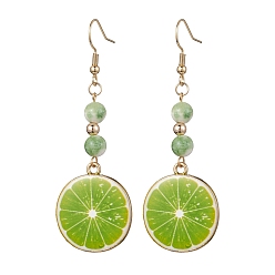 Оранжевый Серьги с подвесками из настоящего 18k-позолоченного сплава с эмалью, с натуральным окрашенным белым нефритом, круглые бусины, оранжевые, 65x23 мм