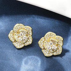 Настоящее золото 18K Серьги-гвоздики из латуни с микро-паве и прозрачным фианитом, долговечный, без кадмия и без свинца, стойки покрытие, реальный 18 k позолоченный, 14.5x15 мм