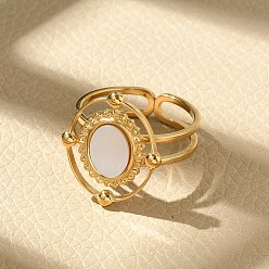 Настоящее золото 18K Овальные 304 перстни из нержавеющей стали с белой ракушкой для женщин, ионное покрытие (ip), реальный 18 k позолоченный, 18x16 мм, размер США 6 (16.5 мм)