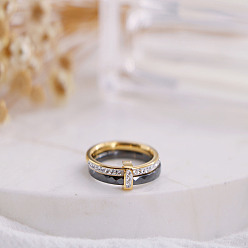 Золотой Прямоугольные перстни из нержавеющей стали со стразами и керамикой, чёрные, золотые, размер США 6 (16.5 мм)