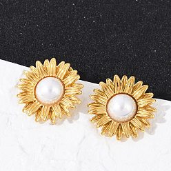 Цветок 304 из нержавеющей стали серьги, с натуральными раковинами, ионное покрытие (ip), реальный 14 k позолоченный, цветок, 23.5 мм