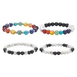 Mixed Stone 4Pcs 4 Style Natural & Synthetic Mixed Gemstone Strech Bracelets Set, Alloy Round Beaded Stackable Bracelets for Women, Inner Diameter: 2-1/4~2-3/8 inch(5.8~6.1cm), 1Pc/style