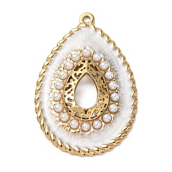 White 304 Stainless Steel Enamel Pendants, Teardrop Charms, with ABS Plastic Imitation Pearl, Ion Plating(IP), Golden, White, 44x30x4mm, Hole: 1.8mm