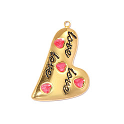 Ярко-Розовый 304 нержавеющей стальной эмали подвески, сердце со словом любовь очарование, реальный 18 k позолоченный, ионное покрытие (ip), долговечный, ярко-розовый, 36x21 мм, отверстие: 1.80 мм