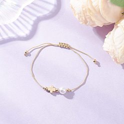 Цвет Древесины Женские плетеные браслеты из искусственного жемчуга и сплава из АБС-пластика, крестик, с нейлоновой нитью, деревесиные, внутренний диаметр: 2-7/8 дюйм (7.3 см)