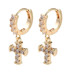 Настоящее золото 18K Латунные серьги-кольца из прозрачного кубического циркония, перекрестной, реальный 18 k позолоченный, 21.5x7.5x11.5 мм