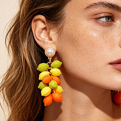 Limón Pendientes colgantes con borlas y cuentas de plástico de colores, Pendientes de botón de aleación con perlas de imitación, dorado, limón, 66x25 mm