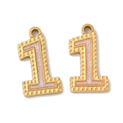 Настоящее золото 18K 304 нержавеющей стальной эмали подвески, ионное покрытие (ip), число 1 прелести, с блеском порошок, реальный 18 k позолоченный, 14~14.5x7.5~9x1.3 мм, отверстие : 1.3 мм