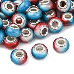Небесно-голубой Двухцветные непрозрачные европейские бусины-рондель из смолы, с двойных ядер серебрянного цвета, бусины с большим отверстием, голубой, 14x8.5 мм, отверстие : 5 мм