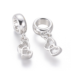 Platinum Brass European Dangle Charms, Large Hole Pendants, Heart, Platinum, 18.5mm, Hole: 4.5mm, Heart: 9.5x5x2.5mm