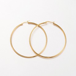 Настоящее золото 18K Серьги из 304 нержавеющей стали, Гипоаллергенные серьги ручной полировки с ионным покрытием (IP)., Кольцевая форма, реальный 18 k позолоченный, 60x2 мм, 12 датчик, штифты : 1x0.7 мм