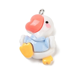 Утка Непрозрачные подвески смолы, Подвески в виде животных с железными петлями платинового цвета, Небесно-голубой, утка, 28x19x9 мм, отверстие : 2 мм