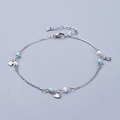 Stainless Steel Color 304 Stainless Steel Charm Anklets, with Synthetic Turquoise Beads and Glass Pearl, Heart, Stainless Steel Color, 9-5/8 inch(24.5cm)