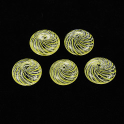 Yellow Transparent Handmade Blown Glass Globe Beads, Stripe Pattern, Flat Round, Yellow, 14~15x9mm, Hole: 1~2mm