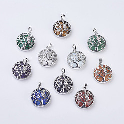 Mixed Stone Natural & Synthetic Mixed Stone Pendants, with Brass Findings, Flat Round with Tree of Life, Platinum, 31~32x27x8~9mm, Hole: 5x7mm