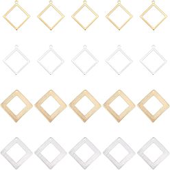 Golden & Silver 40Pcs 4 Style  Rack Plating Eco-friendly Brass Pendants, Lead Free & Cadmium Free, Long-Lasting Plated, Hollow Rhombus, Golden & Silver, 23~25x21~25x1~2mm, Hole: 1~1.5mm, 10pcs/style