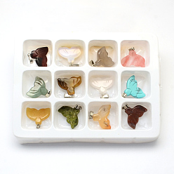 Mixed Stone Natural & Synthetic Mixed Stone Pendants, Whale Tail Shape, with Platinum Tone Brass Findings, 19x20x5mm, Hole: 6x2mm, 12pcs/box