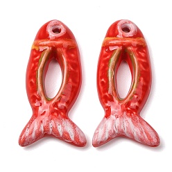 Red Handmade Porcelain Big Pendants, Hand Painted, Famille Rose Porcelain, Fish Charms, Red, 65x32x10mm, Hole: 5.5mm