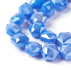 Васильковый Стеклянные нити из бисера, гальваническое покрытие, граненый шестиугольник, васильковый, 10x7~7.5 мм, отверстие : 1 мм, около 25 шт / нитка, 10.5 дюйм (27 см)