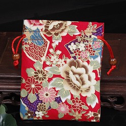 Цветок Прямоугольные подарочные пакеты из ткани в китайском стиле с принтом на шнурке, сумки для хранения, цветок, 15x12 см