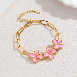 Pink 304 Браслеты из нержавеющей стали с эмалированными цветочными звеньями для женщин, ионное покрытие (ip), розовые, 7.32 дюйм (18.6 см)