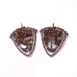 Тигровый глаз Натуральный тигровый глазный чип большие подвески, с латунной фурнитурой , щит, Красная медь, 57~59x47.5x8 мм, отверстие : 5 мм