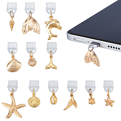 Настоящее золото 18K 12шт пластиковые мобильные пылезащитные заглушки, с латунными подвесками, разнообразные, реальный 18 k позолоченный, 23~35 мм