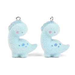 Dinosaur Флокированные подвески из непрозрачной смолы, с железной платиной петлей, голубой, очарование динозавра, 33.5x24.5x11.5 мм, отверстие : 2 мм