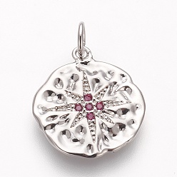 Платина Латунные микро проложить кубического циркония подвески, без свинца, без кадмии и без никеля, плоские круглые со звездой, средне фиолетовый красный, платина, 17x15x1.5 мм, отверстие : 3 мм