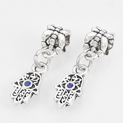 Antique Silver Alloy Enamel European Dangle Charms, Large Hole Pendants, Hamsa Hand, Antique Silver, 27mm, Hole: 4.5mm, Hamsa Hand: 15x8x1.5mm