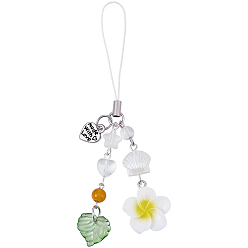 Pink 1Pc Alloy Polyester Mobile Straps, Flower with Shell Shape, Antique Silver, with Resin, Pink, 105mm