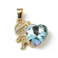 Pale Turquoise Real 18K Gold Plated Rack Plating Brass Micro Pave Clear Cubic Zirconia Pendants, with Glass, Long-Lasting Plated, Cadmium Free & Lead Free, Boy with Heart Charm, Pale Turquoise, 19.5x18x7.5mm, Hole: 5.5x3.5mm