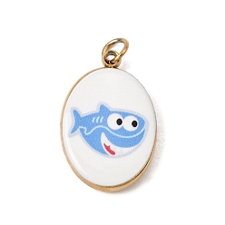 Sky Blue Printed 304 Stainless Steel Pendants, Oval with Shark Shape Charms, Ion Plating(IP), Long-Lasting Plated, Golden, Sky Blue, 18x12x3mm, Hole: 2.5mm