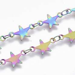 Rainbow Color Ion Plating(IP) 304 Stainless Steel Link Chains, Star Sequin Chains, Soldered, Rainbow Color, star: 12.3x7x0.3mm, link: 3.6x2.3x0.3mm, about 39.37 inch(1m)/strand