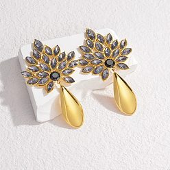 Черный 304 серьги-гвоздики из нержавеющей стали со стеклянными вставками для женщин, реальный 18 k позолоченный, слеза, чёрные, 72x40.5 мм