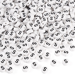 Letter S 500шт акриловые бусины, с горизонтальным отверстием, буквы, плоско-круглые, Письмо с, 7x4 мм, отверстие : 1 мм