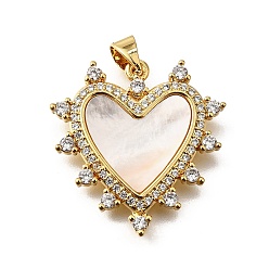 Настоящее золото 18K Подвески в форме ракушек из латуни с микропаве и кубическим цирконием, без кадмия и без свинца, сердце, реальный 18 k позолоченный, 24x23.5x3 мм, отверстие : 3.5 мм