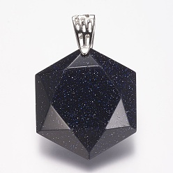 Синий Драгоценный Камень Синтетический синий авантюрин подвески, граненые, гексаграмма, платина, 41x28x9 мм, отверстие : 5x9 мм