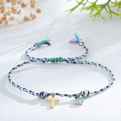 Средний Синий Шифер Латунь шарм браслеты, плетеные браслеты из синтетического шнура для женщин, крест и сердце, средний грифельно-синий, 7-7/8 дюйм (20 см), внутренний диаметр: 11 дюйм (28 см)