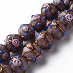 Розово-Коричневый Ручной золотой песок бусины бисер нитей, круглая с цветком, розово-коричневый, 13~15x11~13 мм, отверстие : 1.6 мм, около 45 шт / нитка, 20.47 дюйм ~ 21.06 дюйм (52 см ~ 53.5 см)