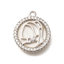 Платинированный Подвески латунный корпус, без кадмия, без никеля и без свинца, с микро проложить кубического циркония, плоские круглые и женские подвески, Реальная платина, 16x14x3 мм, отверстие : 1.2 мм