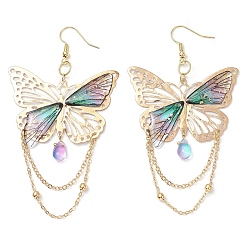 лаванда Серьги-подвески из стекла, железа и смолы, с фурнитурой латунной для серег, бабочка, лаванда, 92.5x50 мм