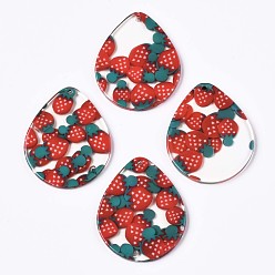 Strawberry Transparent Clear Cellulose Acetate(Resin) Pendants, Printed, Teardrop with Strawberry, Strawberry Pattern, 34x28x2.5mm, Hole: 1.4mm