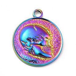 Rainbow Color Ion Plating(IP) 201 Stainless Steel Pendants, Flat Round with Skull, Rainbow Color, 23.5x20x3mm, Hole: 2.5mm