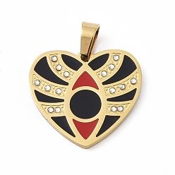 Черный Ионное покрытие (ip) 304 подвески со стразами из эмали из нержавеющей стали, сердце прелести, реальный 18 k позолоченный, чёрные, 23x25x2.5 мм, отверстие : 6.5x4 мм