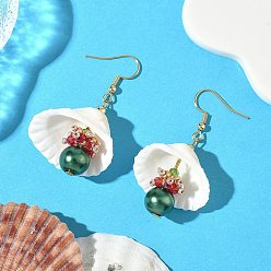 Темно-Зеленый 304 серьги-ракушки из нержавеющей стали с круглыми подвесками, со стеклянными семенами, ракушками и стеклянной жемчужиной, золотые, темно-зеленый, 50.5x27~30 мм