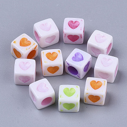 Mixed Color Spray Painted Acrylic Beads, Dyed, Cube with Heart, Mixed Color, 7x6.5x6.5mm, Hole: 3.5mm, about 2000pcs/500g